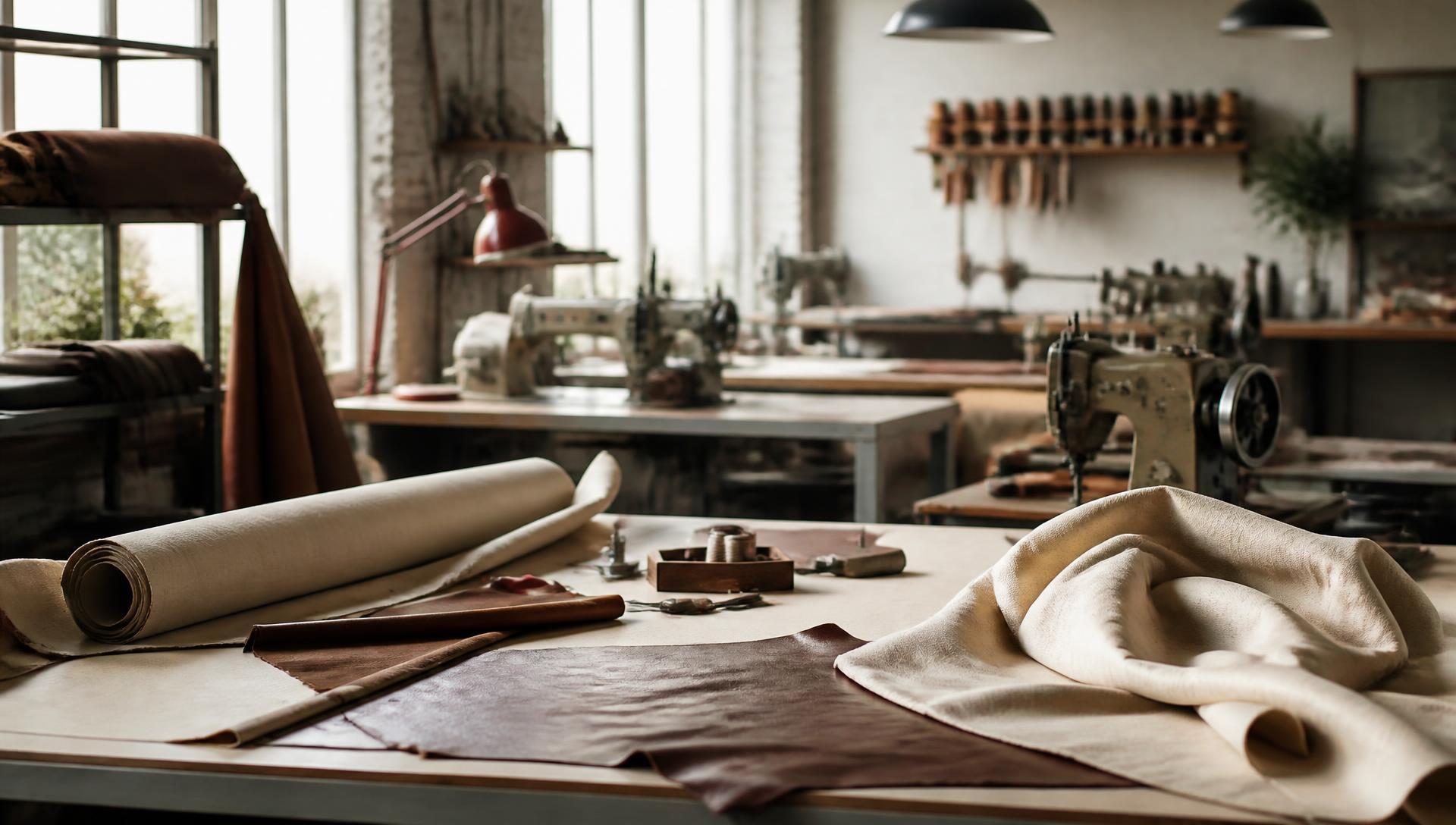 Industrial workspace with sewing machines, canvas, and leather materials